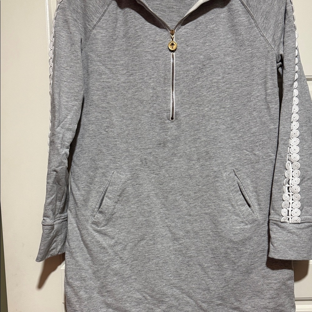 Lilly Pulitzer Light Gray Lace-Trim Long Sleeve Mini Dress slipper popover - Picture 5 of 10